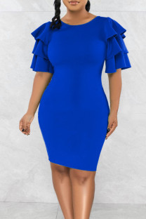 Blue Casual Solid Patchwork O Neck One Step Skirt Dresses