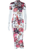 Pink Casual Print Bandage Patchwork Pencil Skirt Dresses