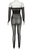 Black Sexy Casual Solid Pierced Mesh Off the Shoulder Skinny Jumpsuits