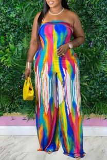 Rainbow Color Sexy Casual Print Backless Strapless Regular Jumpsuits