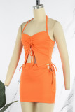 Rose Red Sexy Solid Draw String Frenulum Backless Halter Sleeveless Two Pieces