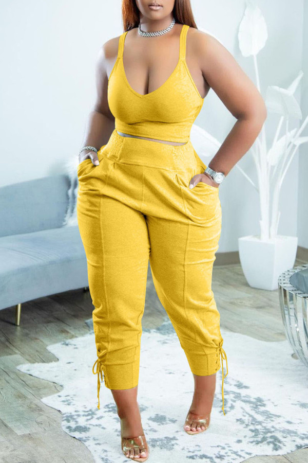 Yellow Casual Sportswear Simplicity Solid Bandage Vests Spaghetti Strap Sleeveless Two Pieces