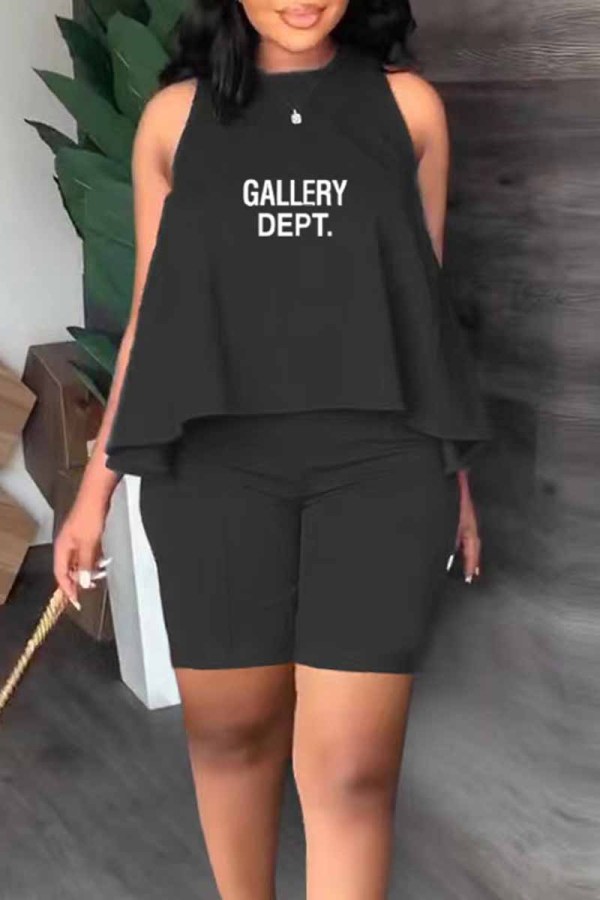 Black Casual Print Letter O Neck Sleeveless Two Pieces