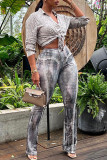 Grey Sexy Street Print Patchwork High Waist Speaker Positioning Print Bottoms