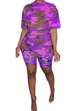 purple Fashion Casual Patchwork Camouflage Two Piece Suits pencil Short Sleeve Two Pieces