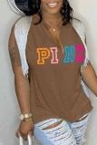Blue Street Letter Print Tassel Slit V Neck T-Shirts