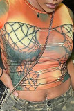 Orange Sexy Street Print Patchwork Metal Accessories Decoration O Neck T-Shirts