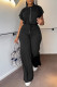 Black Casual Solid Bandage Patchwork Zipper O Neck Short Sleeve Two Pieces