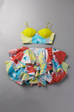 Colour Sexy Print Sequins Patchwork Flounce Spaghetti Strap Sleeveless Two Pieces