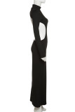 Black Sexy Elegant Solid Backless Half A Turtleneck A Line Dresses