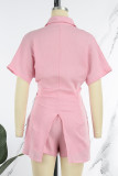 Pink Casual Solid Patchwork Shirt Collar Short Sleeve Two Pieces