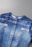 Blue Casual Print Basic O Neck Skinny Jumpsuits