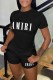 Black Casual Print Letter O Neck Short Sleeve Two Pieces