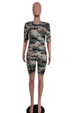 Orange Fashion Casual Patchwork Camouflage Two Piece Suits pencil Short Sleeve Two Pieces