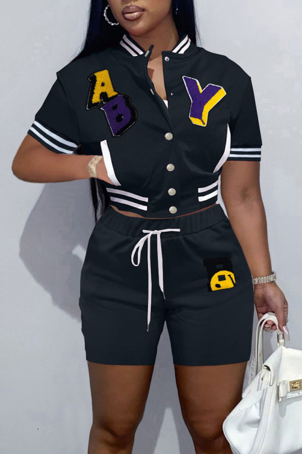 Black Casual Street Solid Embroidered Patchwork Buckle Short Sleeve Two Pieces