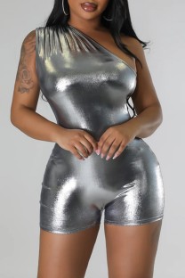 Silver Sexy Casual Solid Backless Oblique Collar Skinny Romper