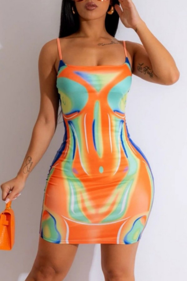 Orange Sexy Print Backless Spaghetti Strap Sleeveless Dress Dresses