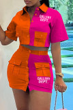 Orange Casual Letter Print Patchwork Contrast Shirt Collar Short Sleeve Two Pieces