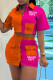 Orange Casual Letter Print Patchwork Contrast Shirt Collar Short Sleeve Two Pieces