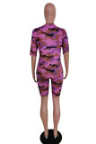 purple Fashion Casual Patchwork Camouflage Two Piece Suits pencil Short Sleeve Two Pieces