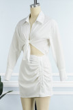 Light Blue Casual Solid Patchwork Turndown Collar Shirt Dress Dresses