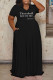 Black Casual Letter Print Patchwork V Neck Straight Plus Size Dresses