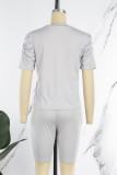 Grey Casual Letter Print Basic O Neck Short Sleeve Two Pieces