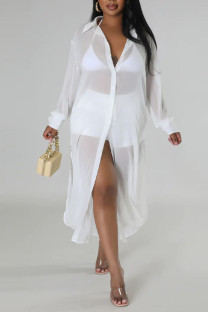 White Sexy Solid Patchwork Buttons See-through Turndown Collar Long Sleeve Two Pieces(Without Underwear)