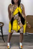 Yellow Casual Print Patchwork V Neck Sleeveless Dress Dresses