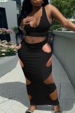 Tangerine Red Sexy Solid Hollowed Out U Neck Sleeveless Two Pieces