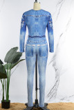 Blue Casual Print Basic O Neck Skinny Jumpsuits
