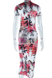 Pink Casual Print Bandage Patchwork Pencil Skirt Dresses