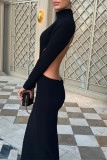 Black Sexy Elegant Solid Backless Half A Turtleneck A Line Dresses