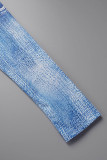 Blue Casual Print Basic O Neck Skinny Jumpsuits