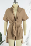 Pink Casual Solid Patchwork Shirt Collar Short Sleeve Two Pieces