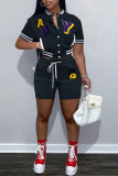 Black Casual Street Solid Embroidered Patchwork Buckle Short Sleeve Two Pieces