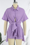 Pink Casual Solid Patchwork Shirt Collar Short Sleeve Two Pieces