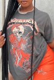 Grey Casual Print Skull Patchwork O Neck T-Shirts