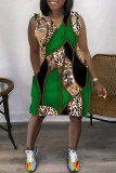 Fuchsia Casual Print Patchwork V Neck Sleeveless Dress Dresses