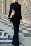 Black Sexy Elegant Solid Backless Half A Turtleneck A Line Dresses