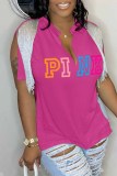 Blue Street Letter Print Tassel Slit V Neck T-Shirts