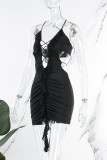 Black Sexy Solid Backless Fold Spaghetti Strap Sleeveless Dress Dresses