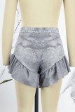 Dark Gray Casual Print Patchwork Flounce Fold High Waist Denim Shorts