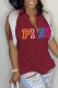Burgundy Street Letter Print Tassel Slit V Neck T-Shirts