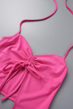 Rose Red Sexy Solid Draw String Frenulum Backless Halter Sleeveless Two Pieces