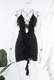 Black Sexy Solid Backless Fold Spaghetti Strap Sleeveless Dress Dresses