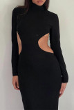 Black Sexy Elegant Solid Backless Half A Turtleneck A Line Dresses