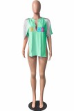 Blue Street Letter Print Tassel Slit V Neck T-Shirts