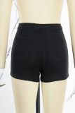Black Casual Solid Patchwork High Waist Skinny Denim Shorts