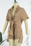 Pink Casual Solid Patchwork Shirt Collar Short Sleeve Two Pieces